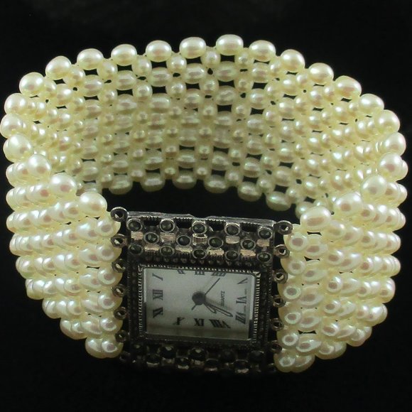Freshwater Pearl and Marcasite Stretch Bracelet Watch main image 1